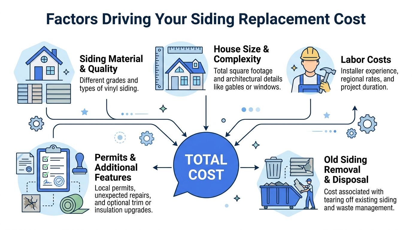 An infographic showing five key factors that influence the total cost of replacing home vinyl siding.
