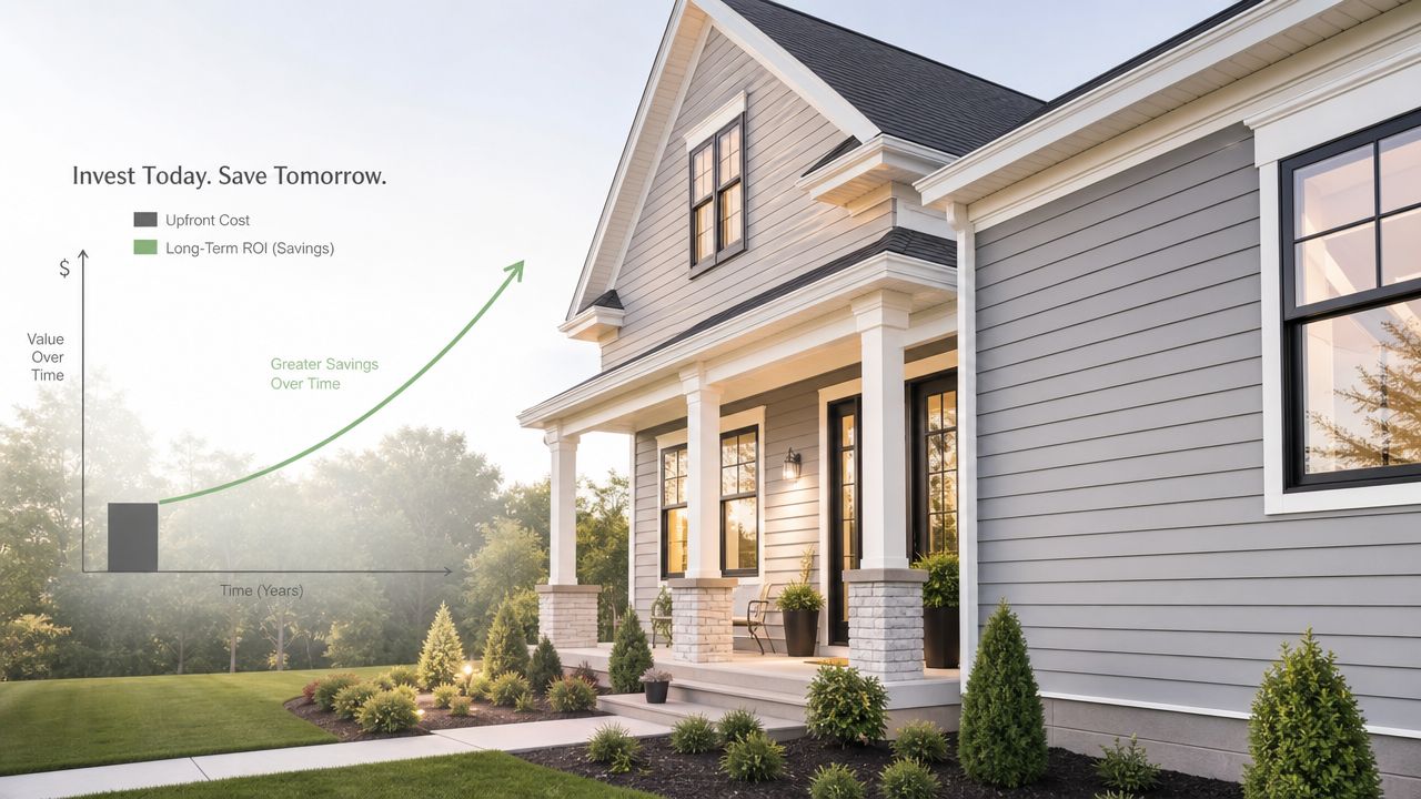 A modern grey house with a chart overlay demonstrating upfront costs versus long-term ROI savings.