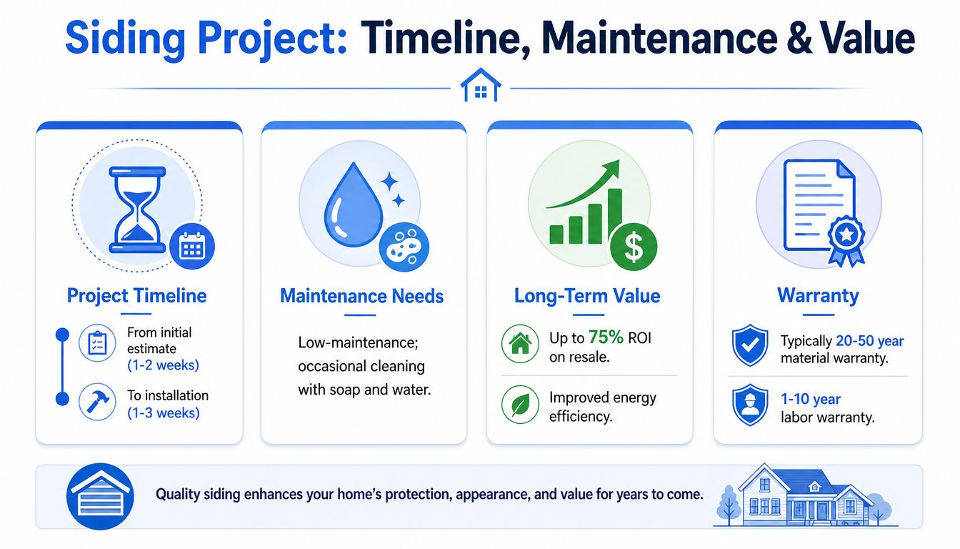 An infographic illustrating siding project timeline, maintenance needs, long-term ROI value, and standard warranty coverage.