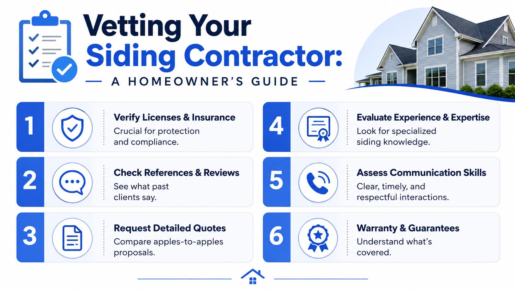 A checklist for homeowners detailing six essential steps to vet and hire a reliable siding contractor.