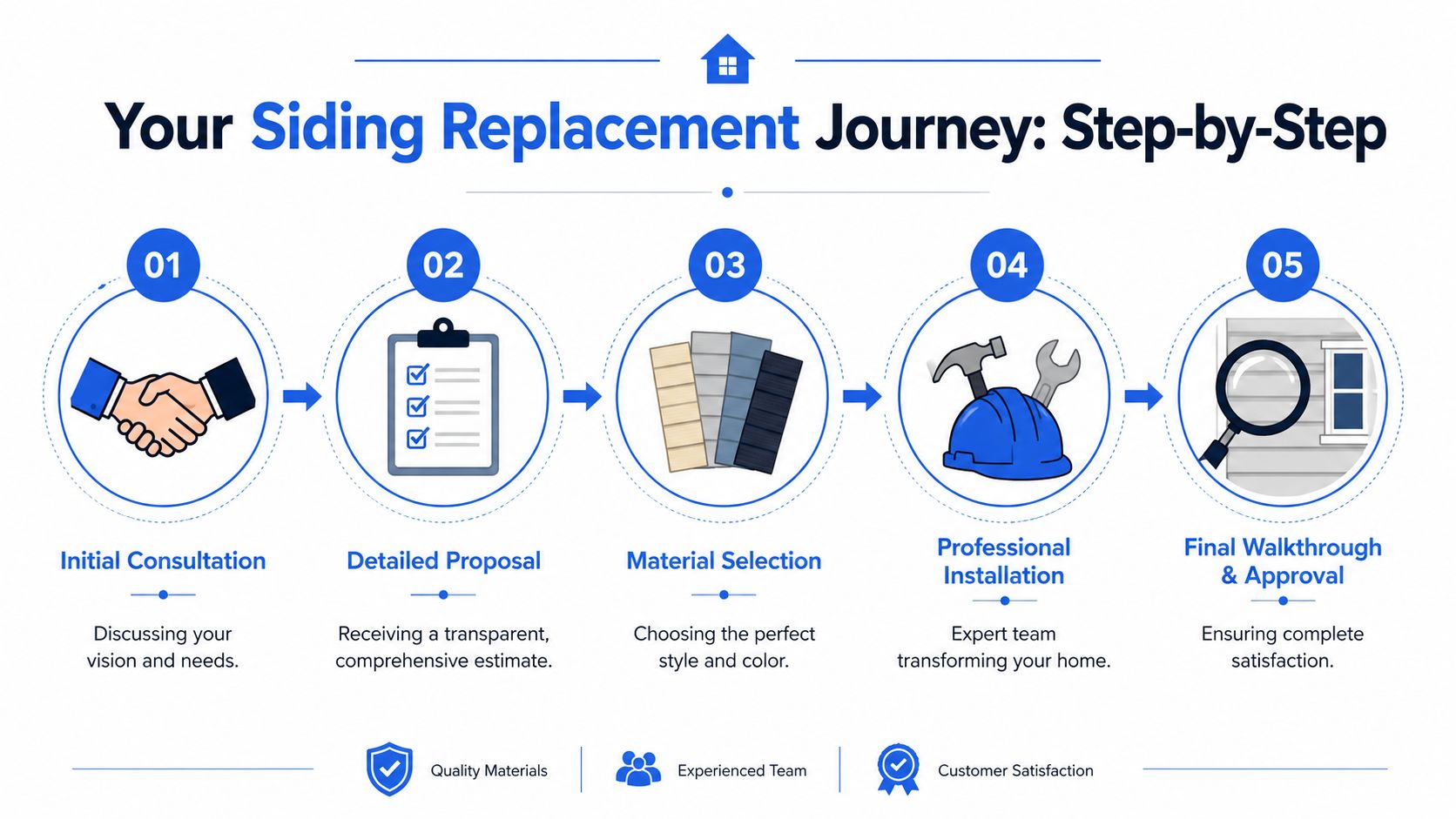 A five-step infographic showing the professional process of residential vinyl siding replacement for homeowners.
