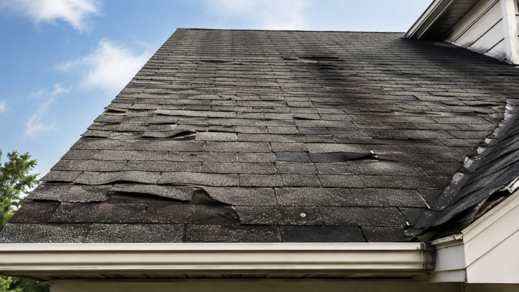 A close-up view of a damaged residential roof with torn and peeling asphalt shingles under a blue sky.