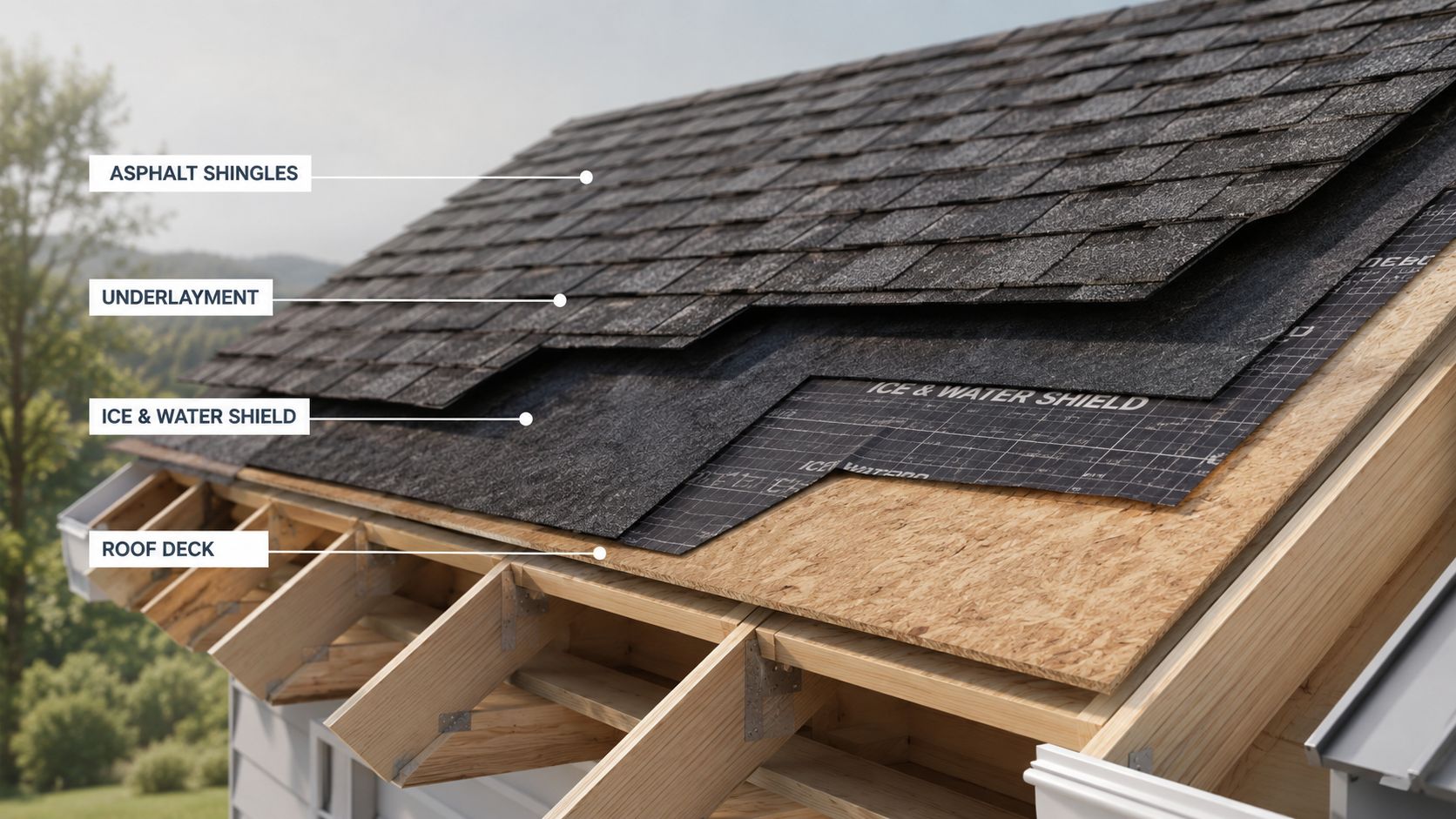 A detailed 3D diagram showing the layered construction components of a residential roof assembly.