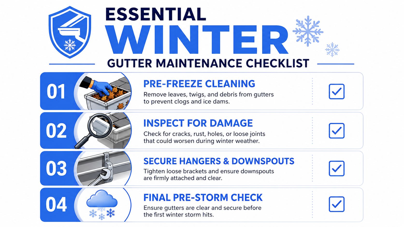A checklist illustrating four essential steps for winter gutter maintenance to prevent clogs and ice damage.