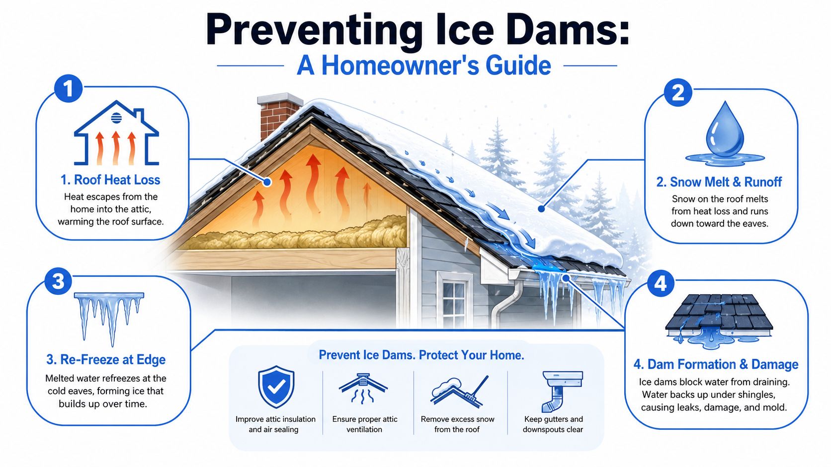 A diagram illustrating how heat loss leads to ice dams and how to prevent them on roofs.