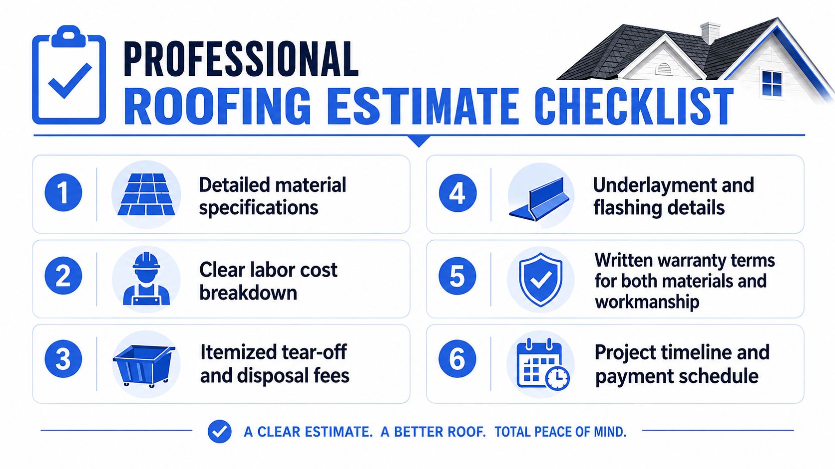 A professional roofing estimate checklist showing six key items to include when hiring a roofing contractor.