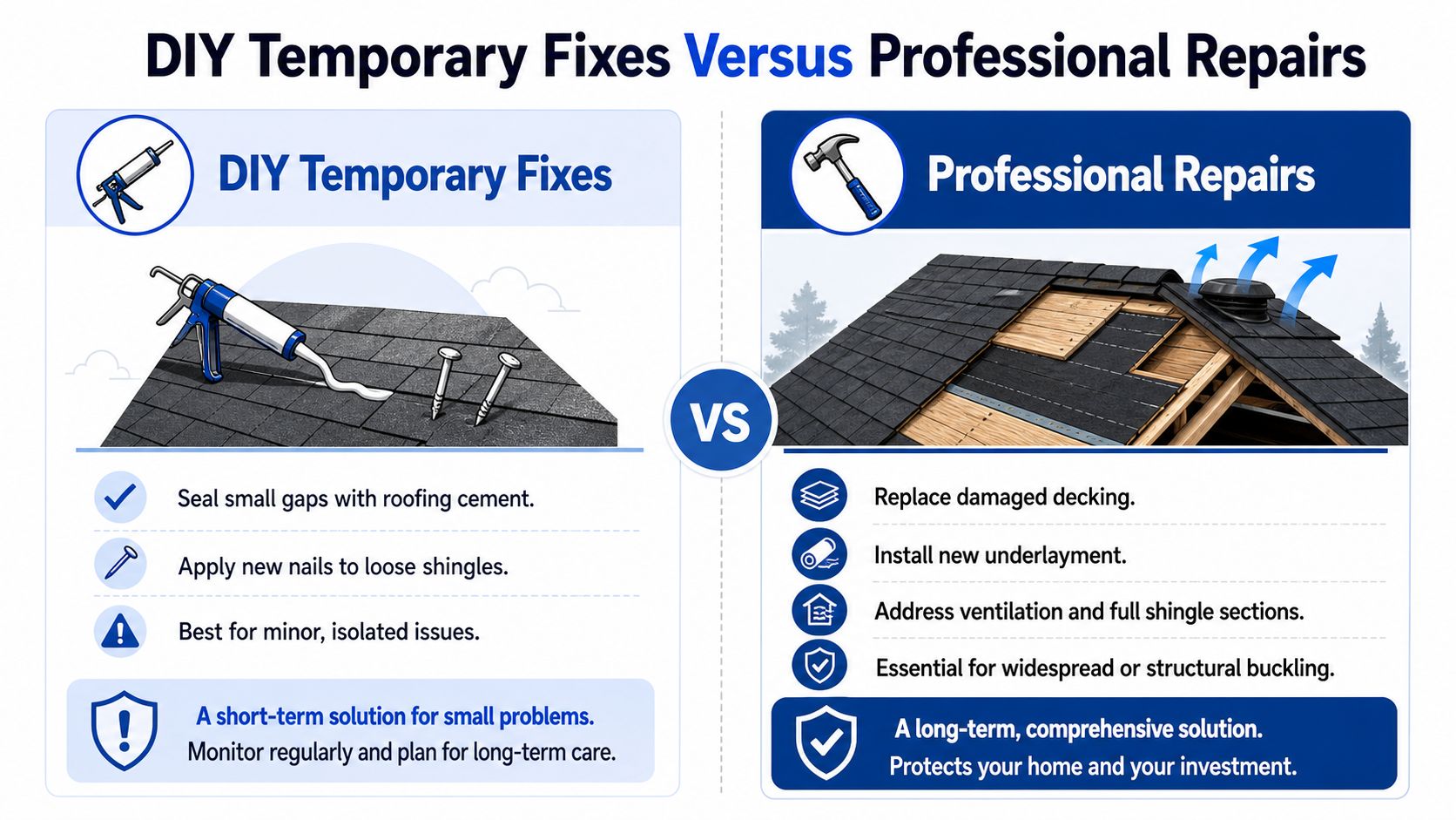 An infographic comparing temporary DIY roof shingle fixes with professional, comprehensive structural roof repair solutions.