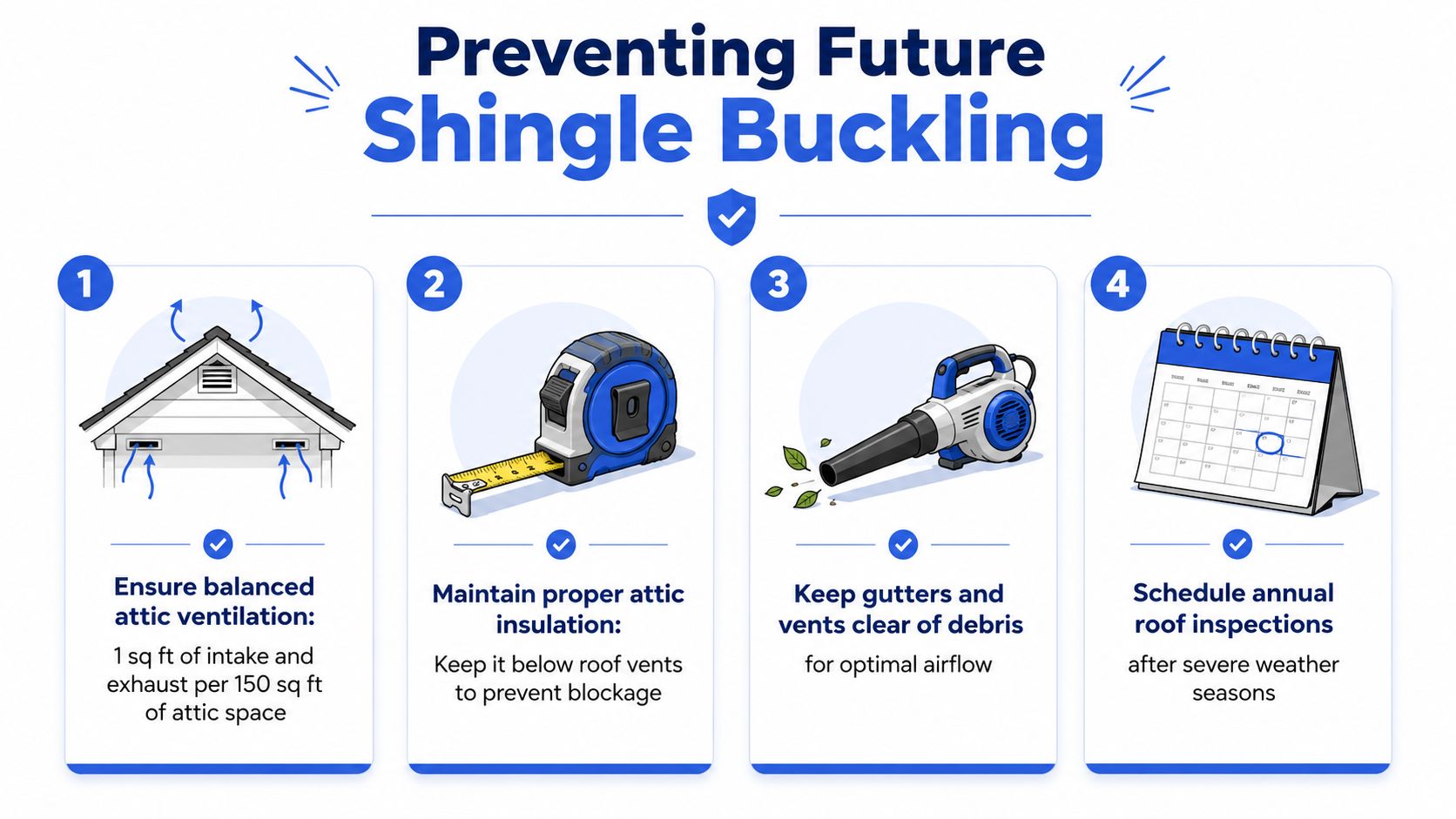 An infographic showing four steps to prevent future shingle buckling including ventilation, insulation, debris removal, and inspections.