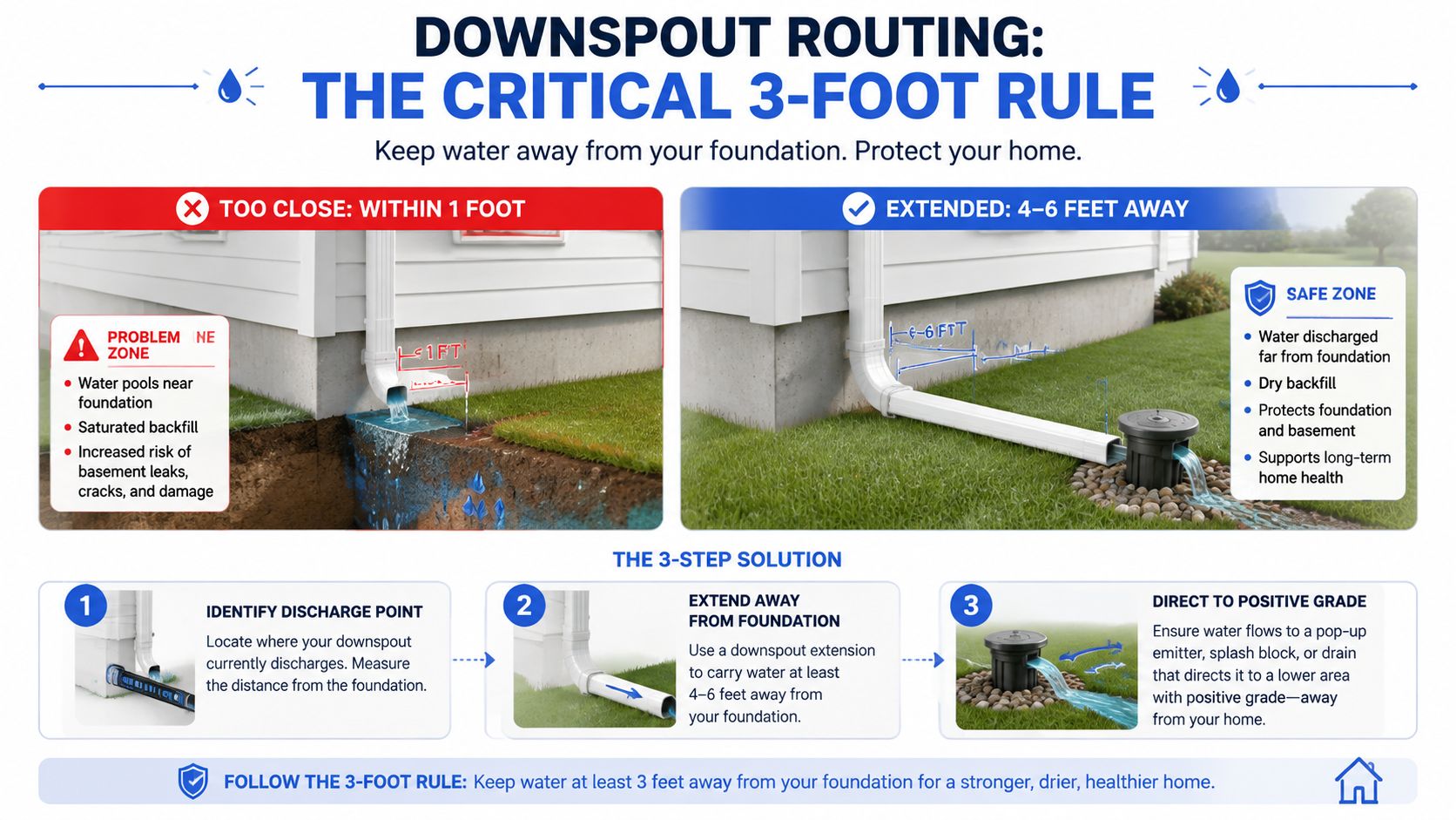 A diagram illustrating the importance of extending downspouts at least three feet from your home's foundation.