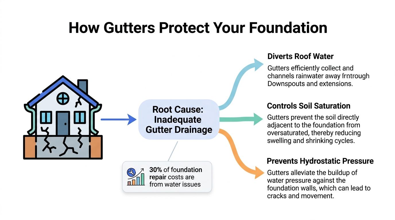 A diagram explaining how functional gutters prevent foundation damage caused by poor water drainage and soil issues.