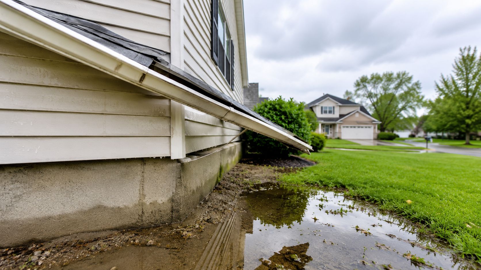 A house exterior with a detached gutter hanging loosely, causing water to pool on the ground.