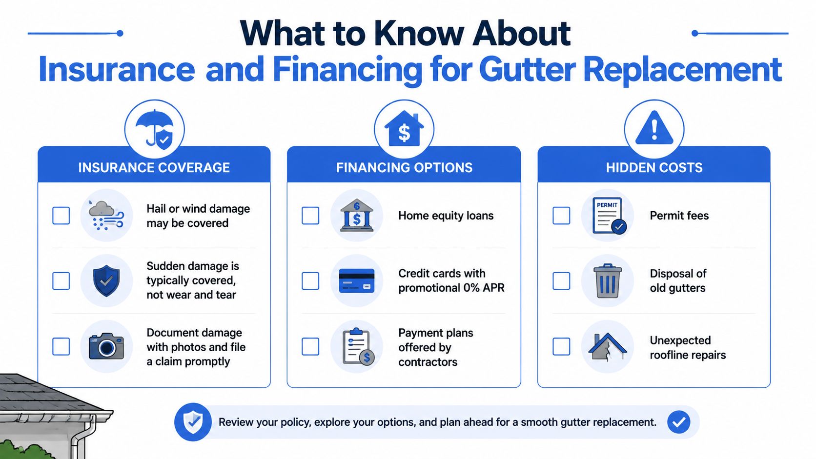 An infographic titled What to Know About Insurance and Financing for Gutter Replacement featuring coverage, financing, and costs.