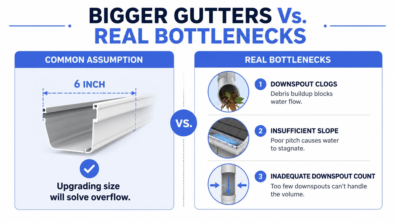 An infographic comparing common misconceptions about 6-inch gutters versus real causes of gutter overflow and drainage bottlenecks.