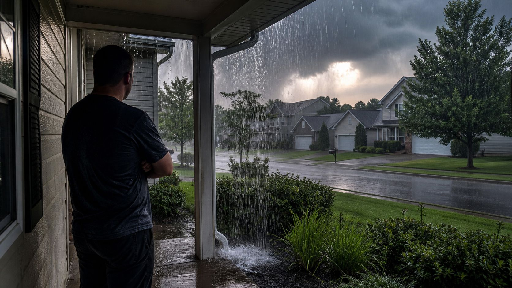 A man stands on a porch watching heavy rain pouring off a roof gutter in a suburban neighborhood.