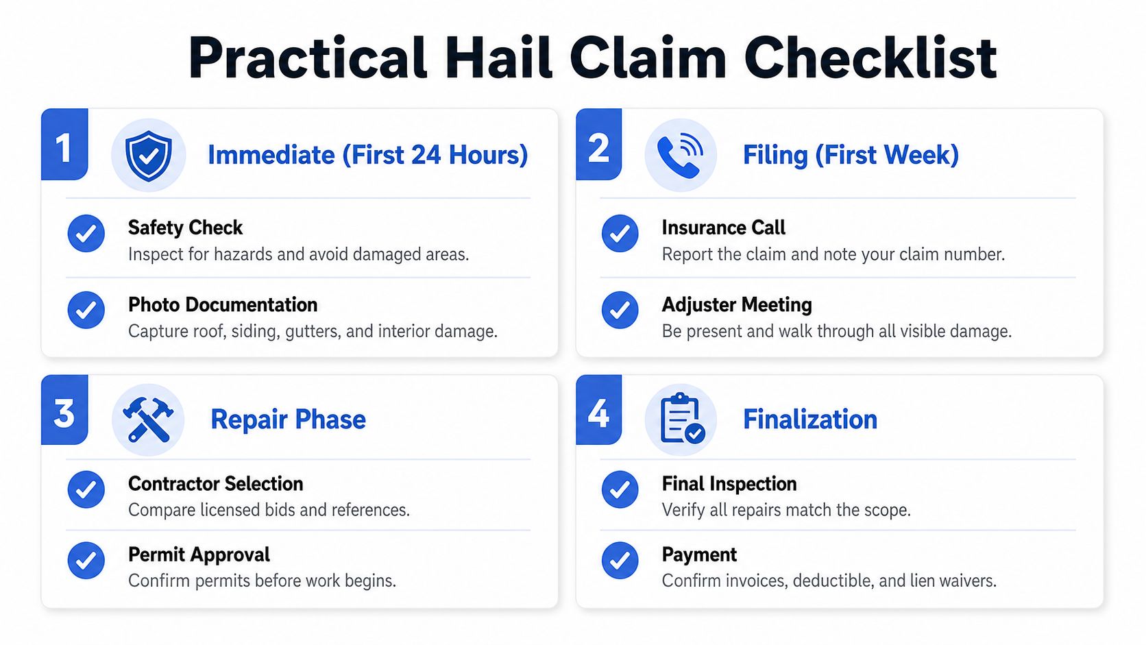 A four-step checklist infographic titled Practical Hail Claim Checklist outlining the process for filing an insurance claim.