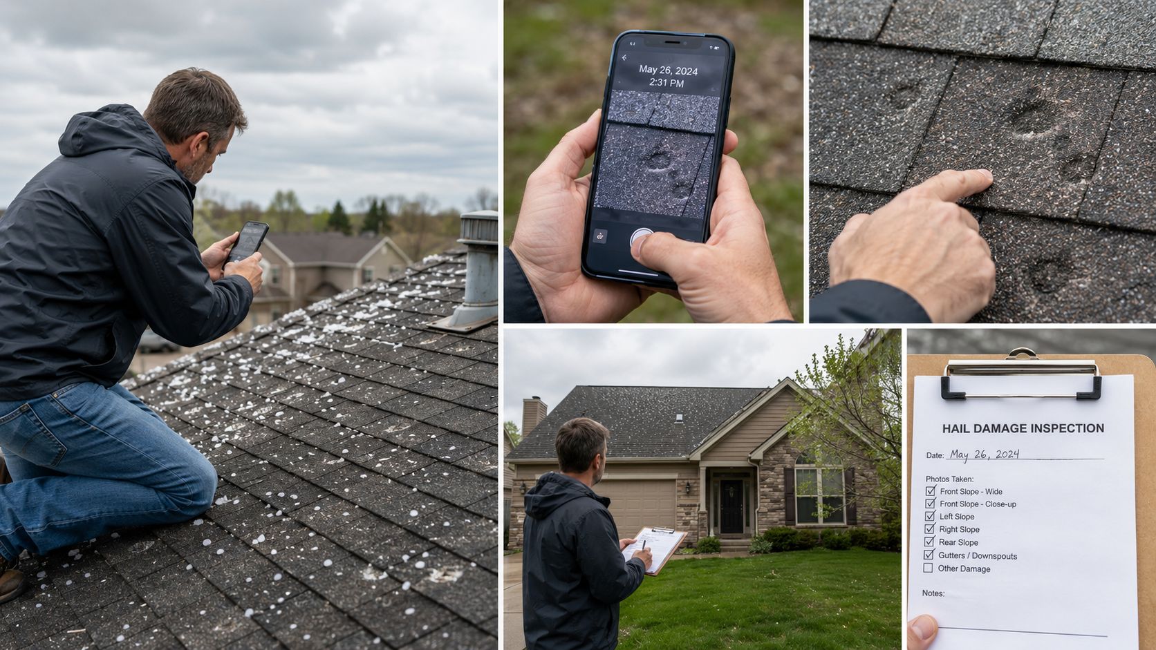 An inspector documenting hail damage on a residential roof using a mobile phone and inspection checklist.