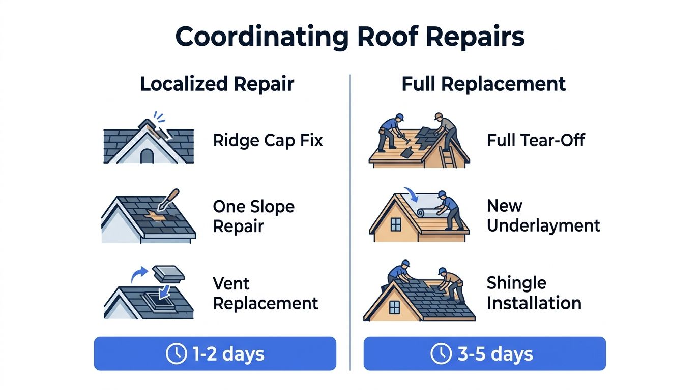 An infographic comparing localized roof repair and full roof replacement timelines for property owners.
