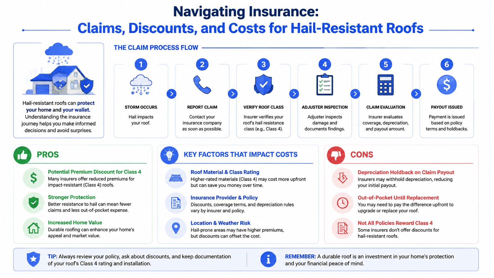 An infographic titled Navigating Insurance for Hail-Resistant Roofs, detailing the claim process, pros, cons, and cost factors.
