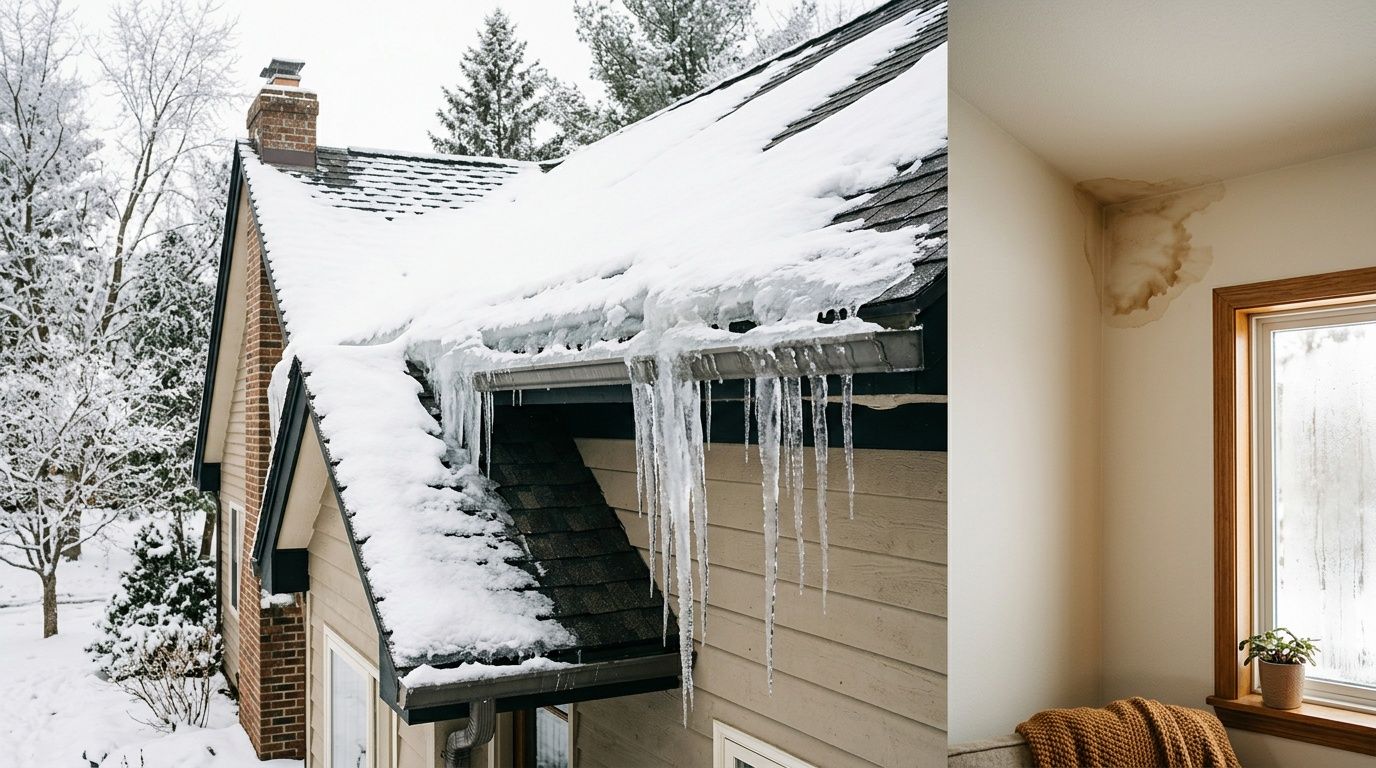 A house roof covered in snow and ice dams causing water damage on the interior ceiling wall.