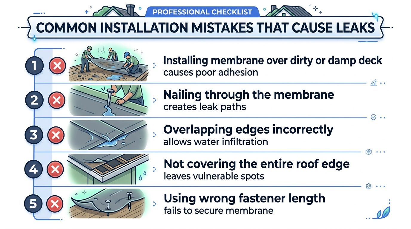 A professional checklist infographic illustrating five common roof membrane installation mistakes that lead to water leaks.