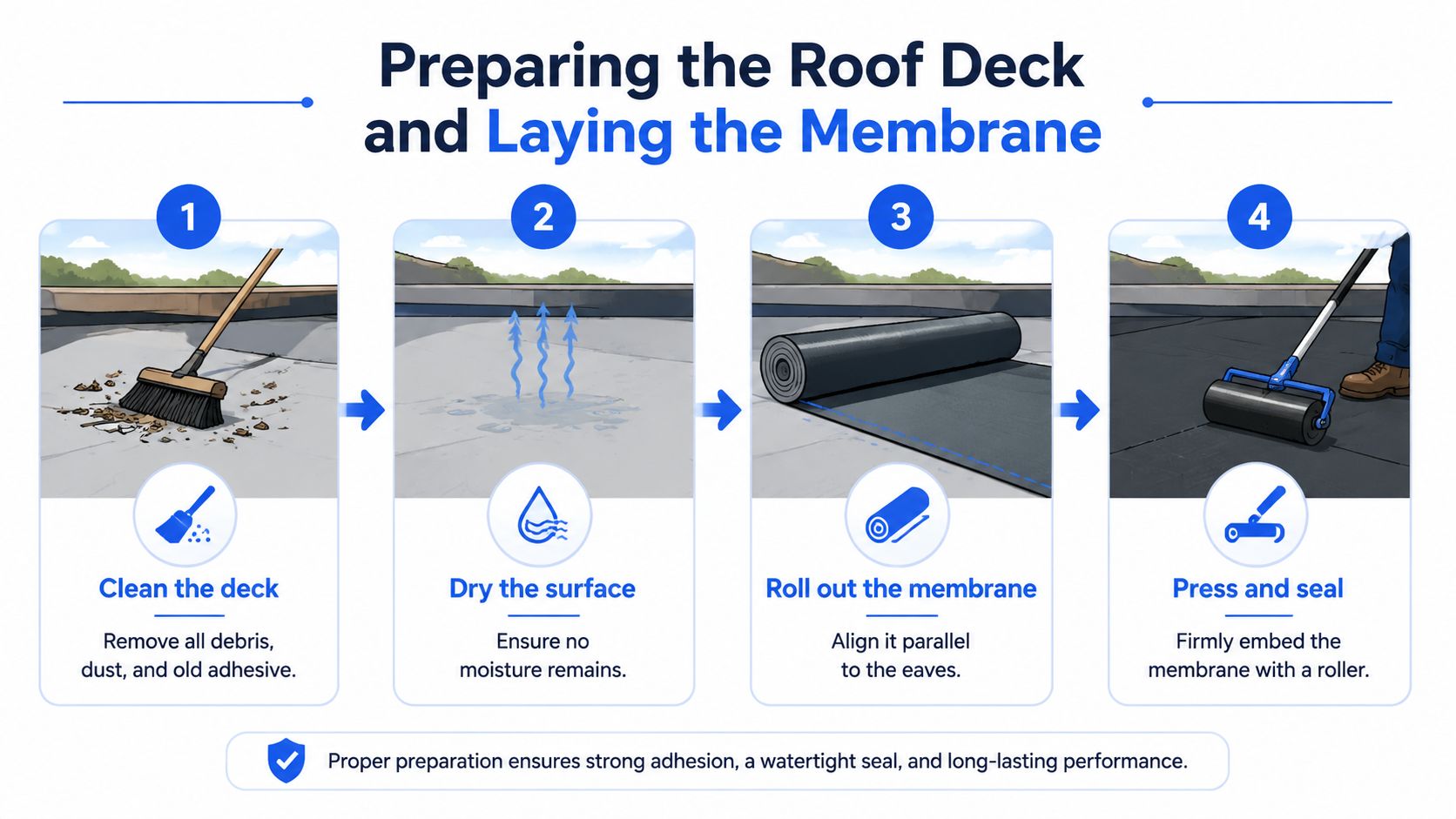 A four-step infographic illustrating the professional process of preparing a roof deck and installing roofing membrane.