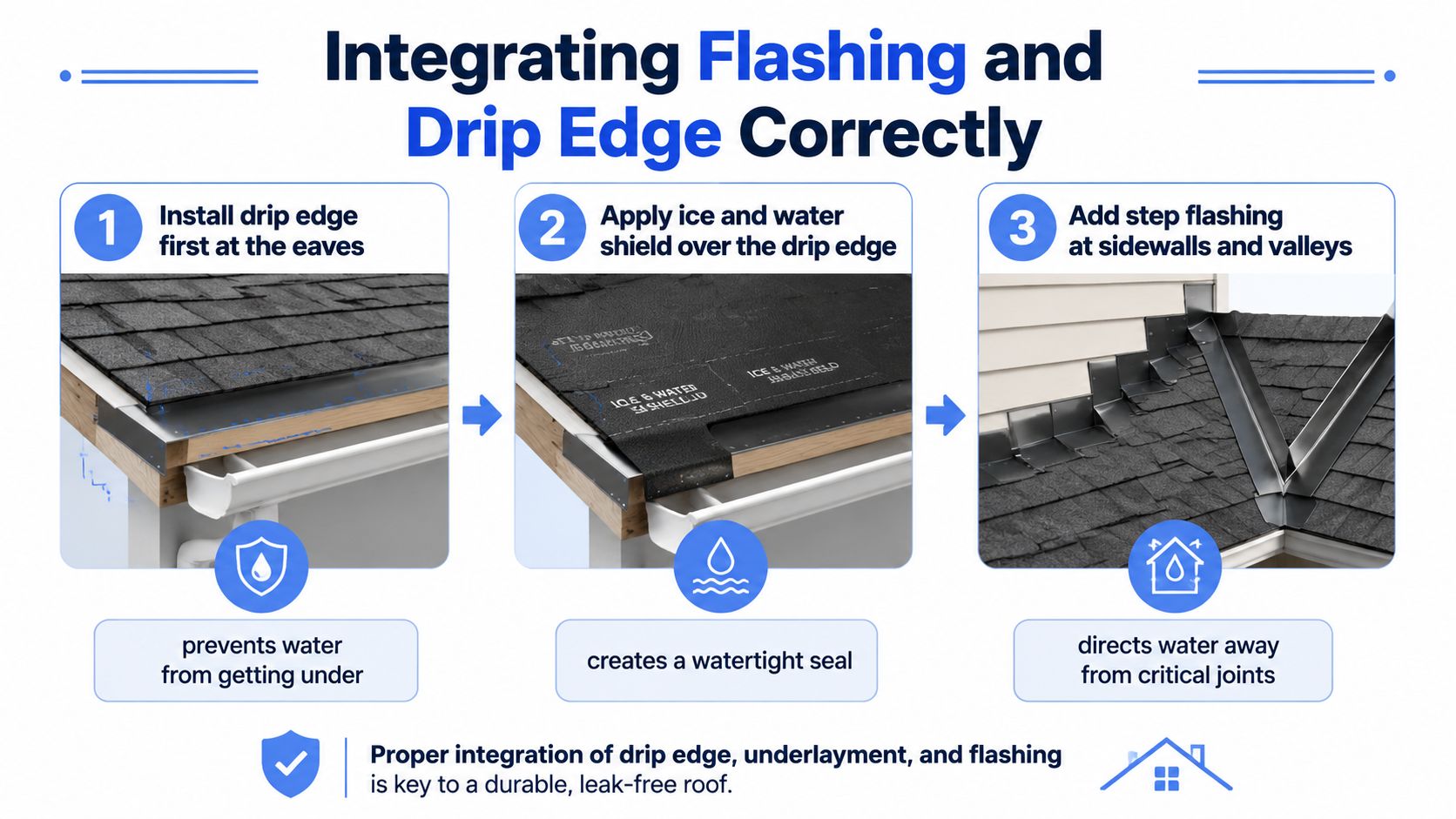 A diagram illustrating the proper three-step installation process for roofing drip edge, ice and water shield, and flashing.