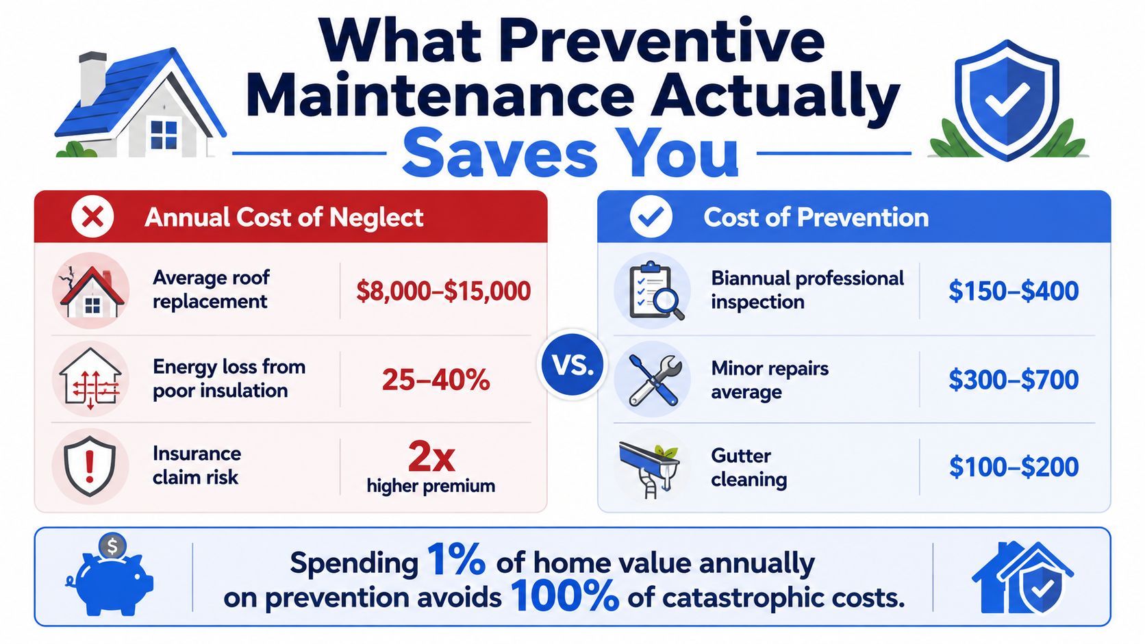 A comparison infographic showing the cost of home neglect versus the savings from preventive maintenance.