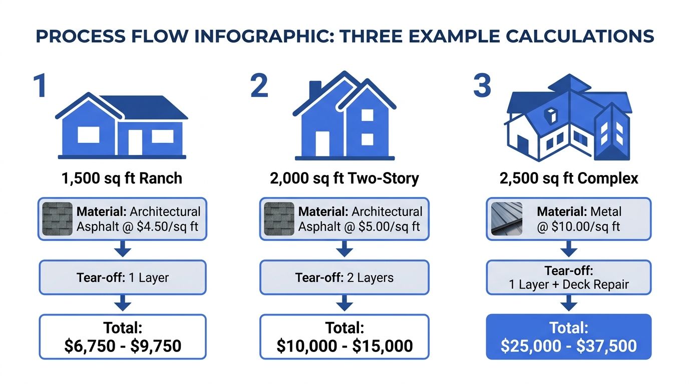 A process flow infographic comparing three example cost calculations for new roof installations on different house types.