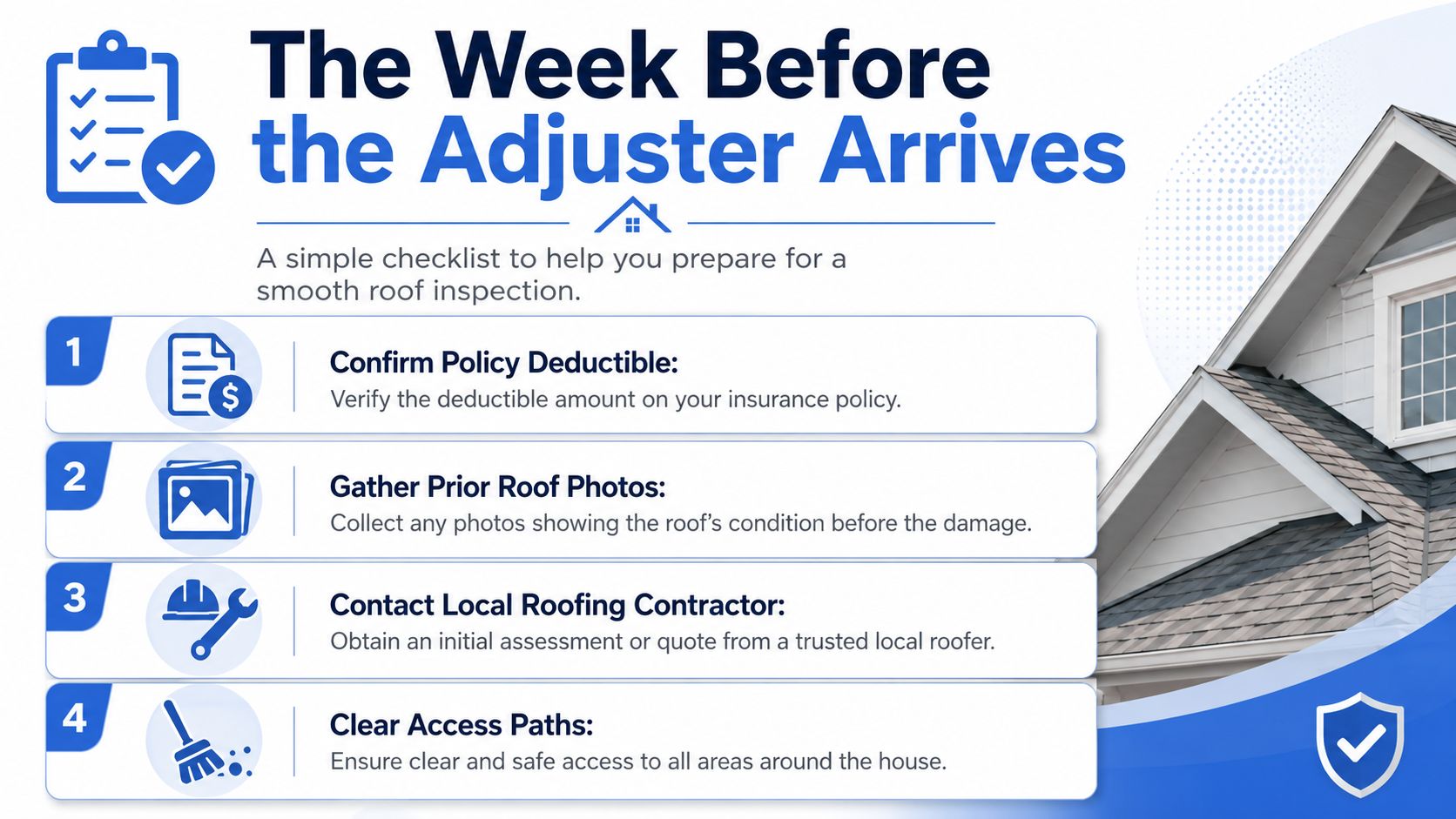 A checklist for homeowners preparing for a roof inspection by an insurance adjuster before they arrive.
