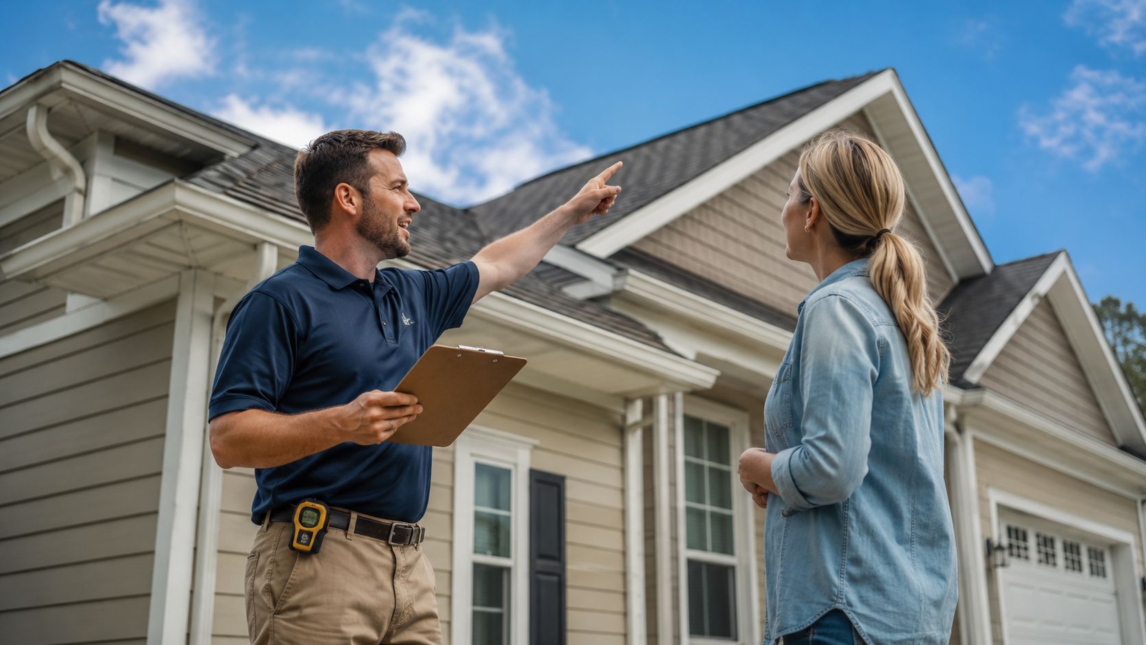 A professional insurance adjuster points to a home roof to explain potential damage to a female homeowner.