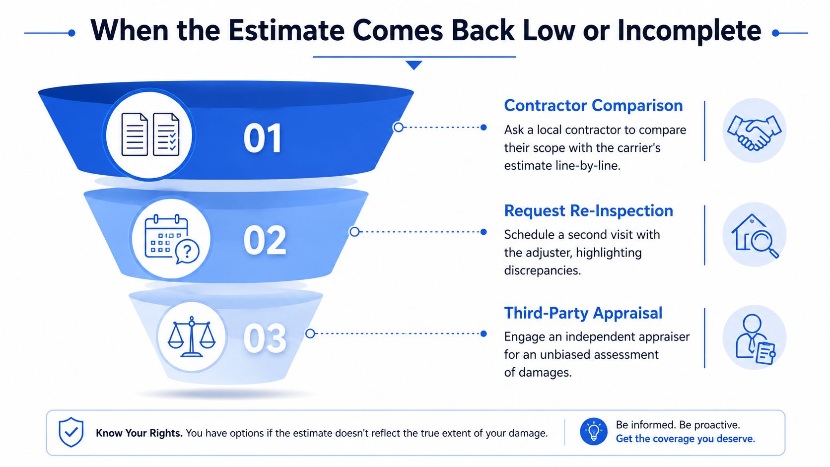 A diagram outlining three steps to take when a property insurance estimate is low or incomplete.