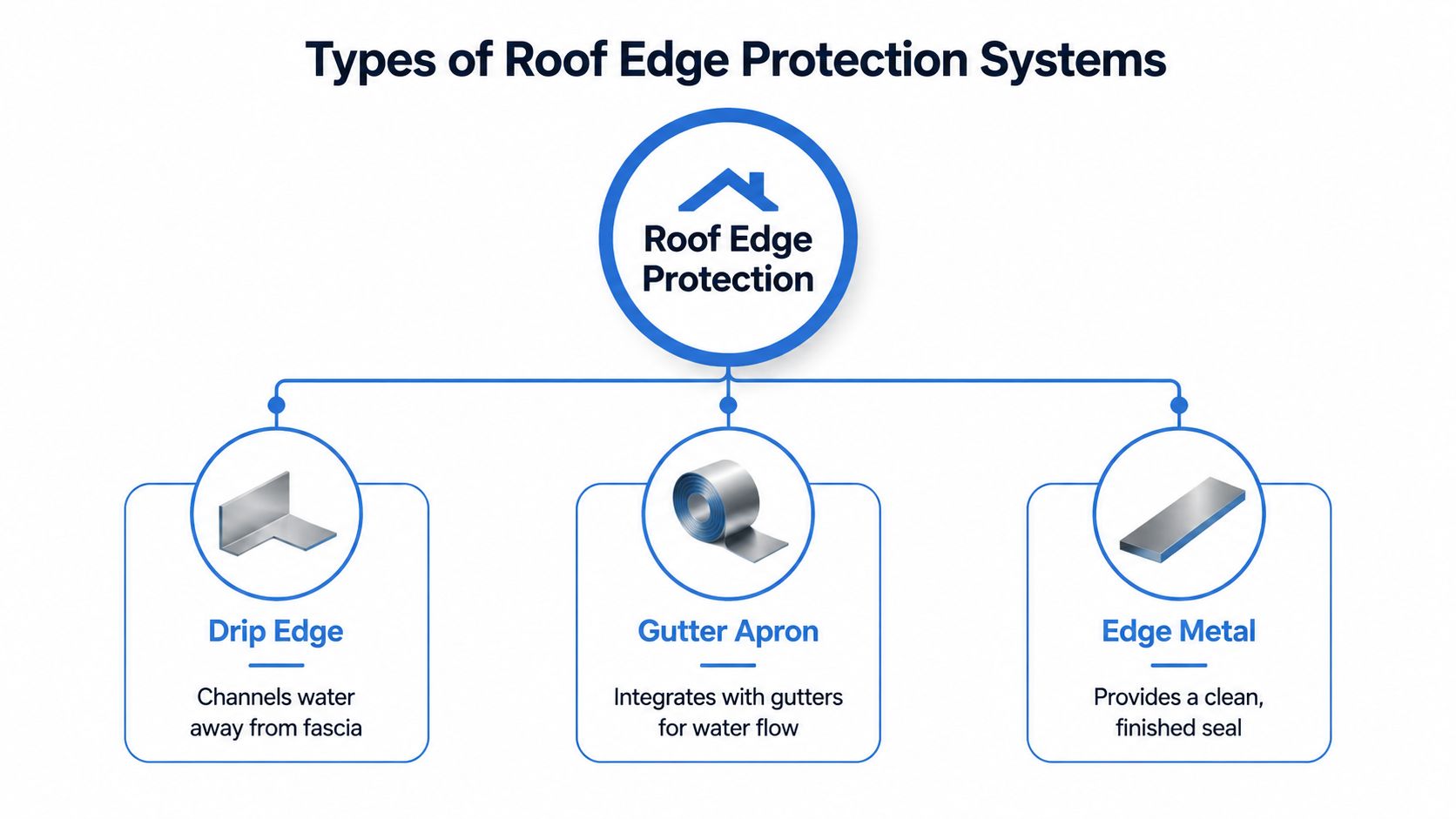 A diagram illustrating the three common types of roof edge protection systems including drip edge, gutter apron, and edge metal.
