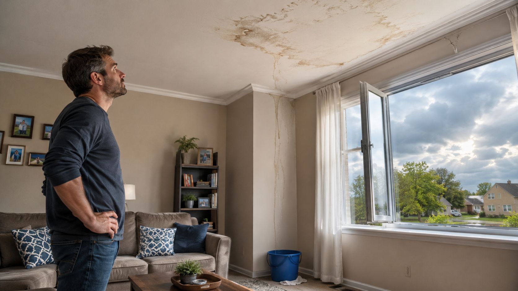 A concerned man stands in his living room looking up at a water-damaged ceiling leaking from above.