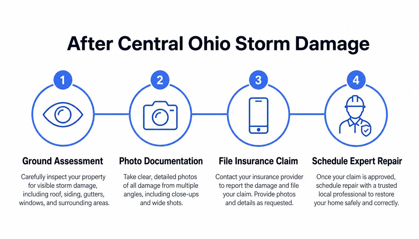 A four-step infographic showing how to handle property damage after a storm in Central Ohio.