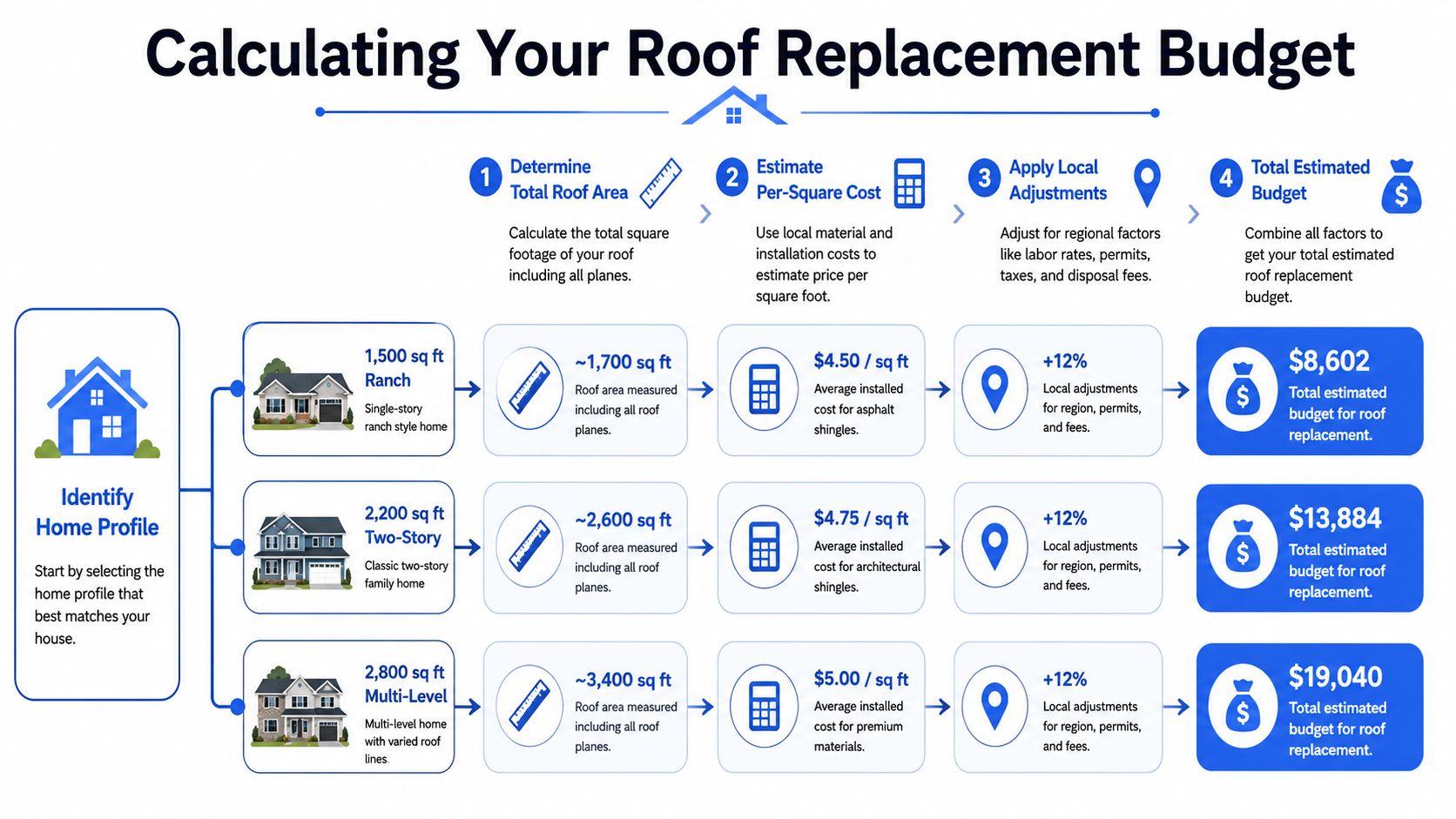An infographic illustrating four steps to calculate a budget for residential roof replacement based on home profile.