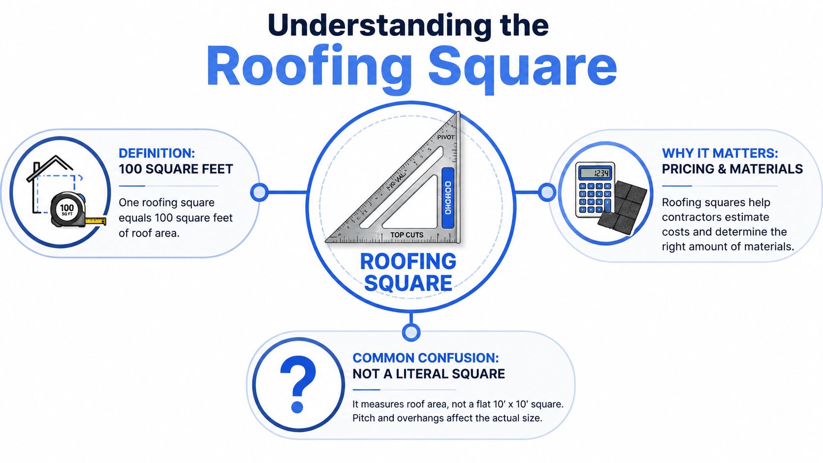 An infographic explaining that a roofing square is a unit of measurement equal to 100 square feet.
