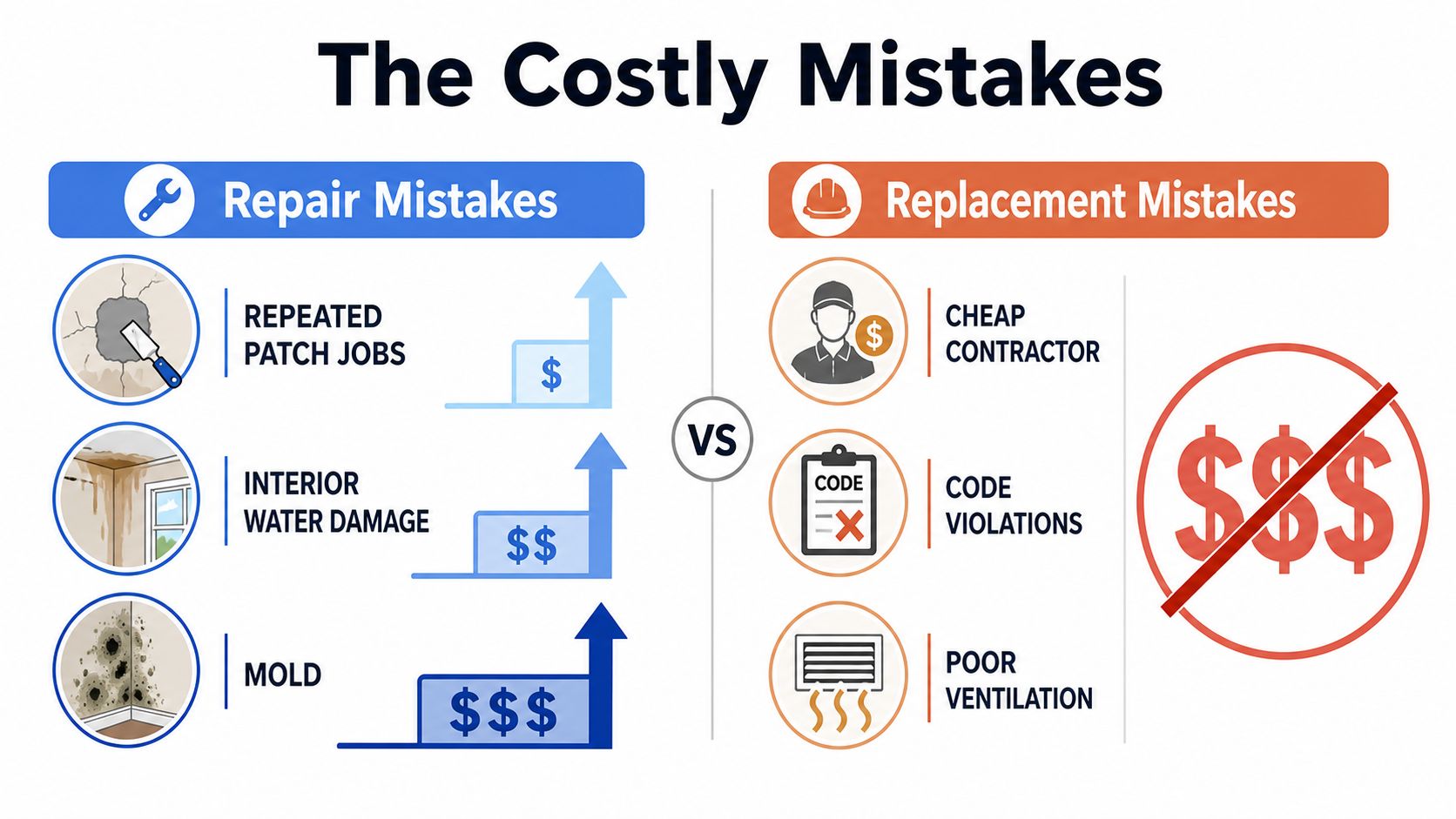 An infographic comparing the rising costs of repair mistakes versus replacement mistakes in home maintenance projects.