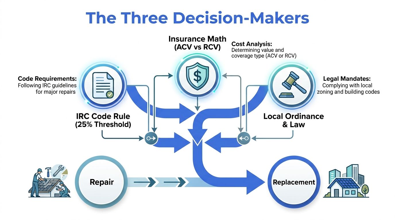 A diagram illustrating the three decision-making factors for choosing between roof repair and full replacement services.