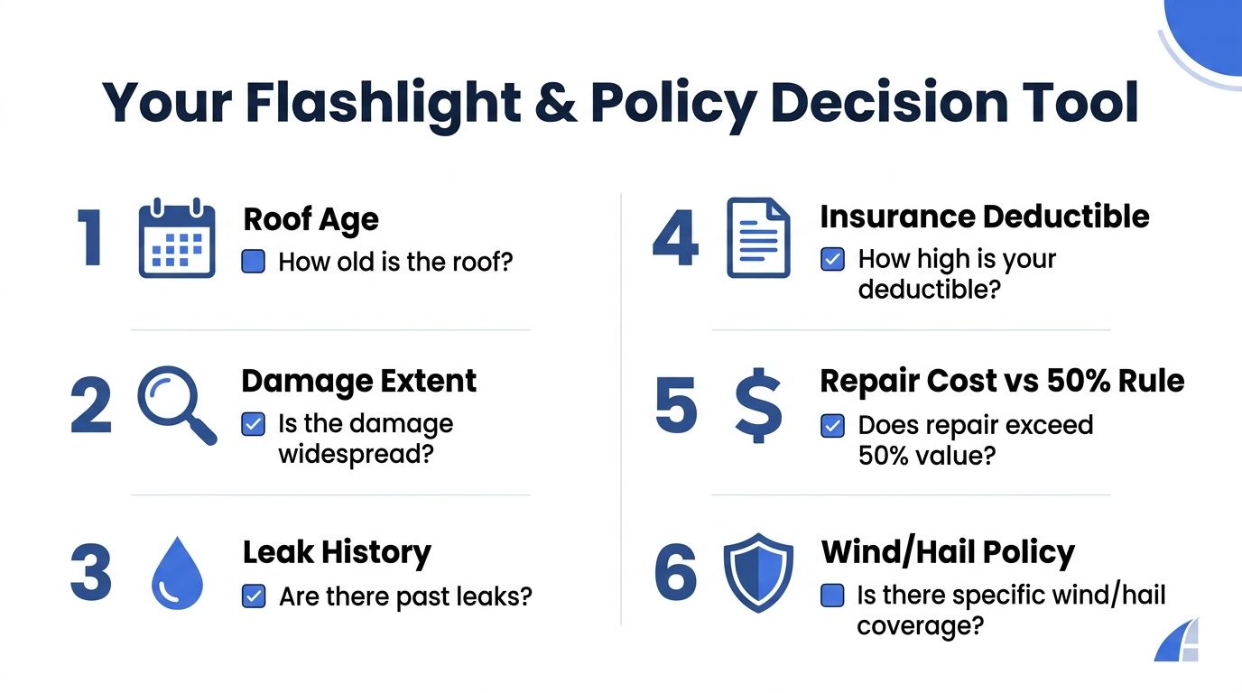 A decision checklist for roof replacement versus repair featuring six key evaluation factors for homeowners.
