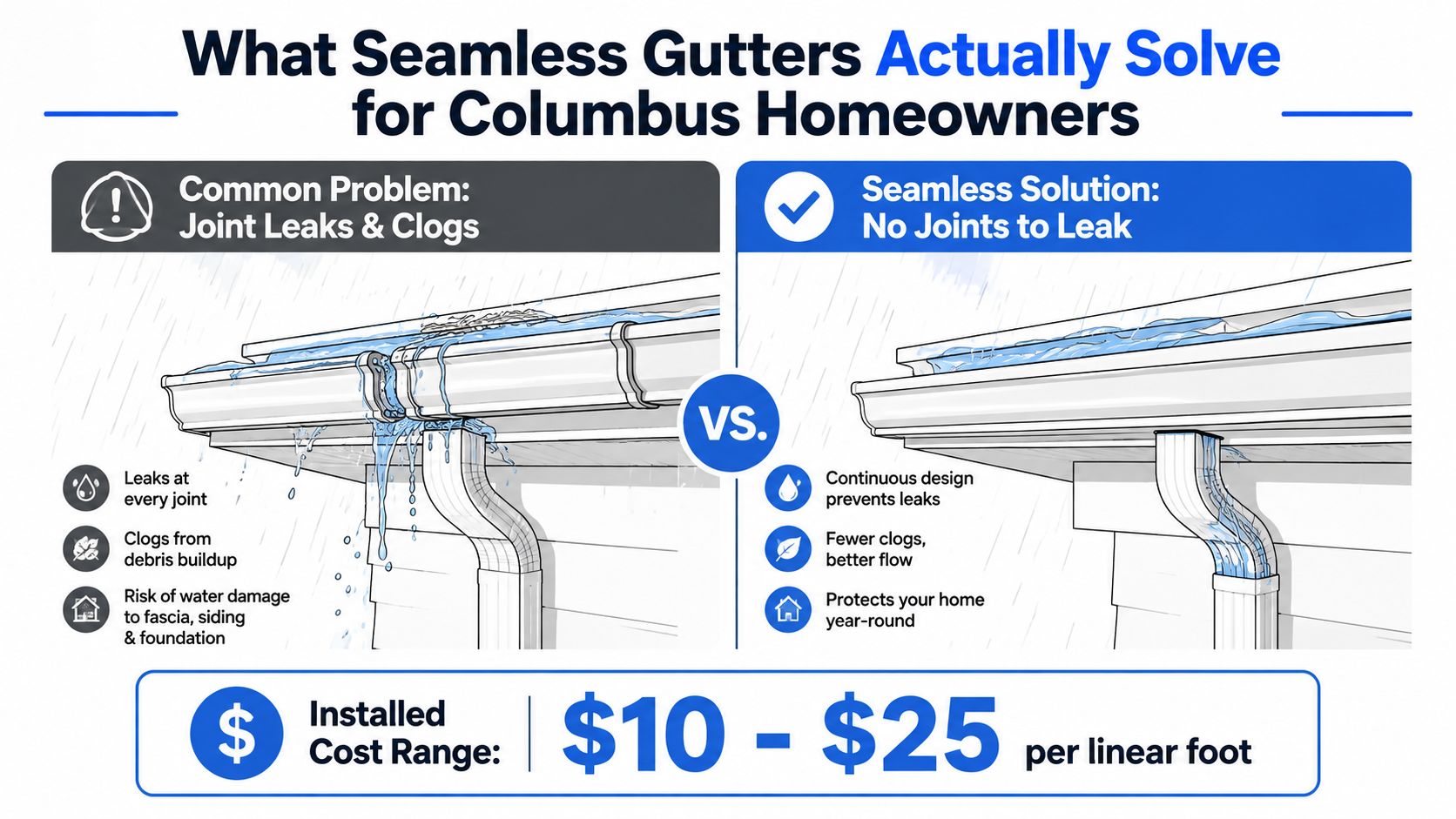 A comparison graphic showing how seamless gutters prevent leaks compared to traditional sectioned gutter systems.