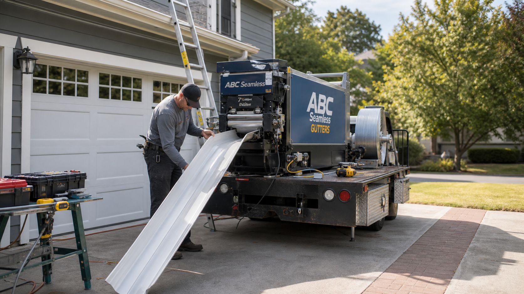 A professional contractor operating a seamless gutter machine to produce custom metal gutters for residential installation.
