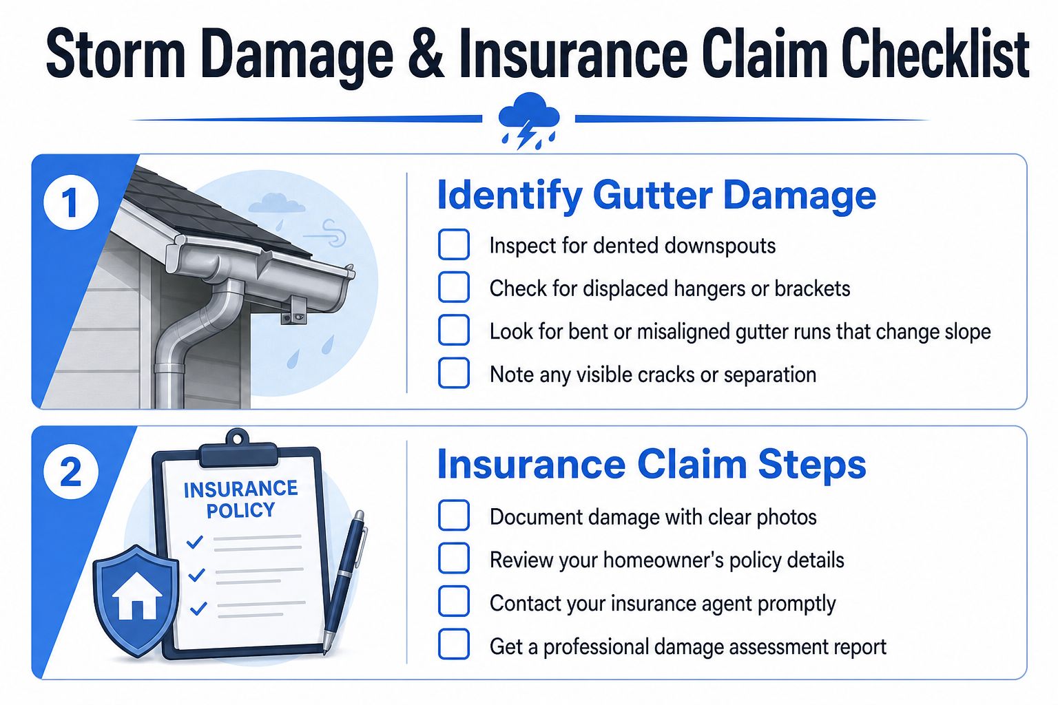 A checklist for identifying storm damage to gutters and steps for filing an insurance claim.