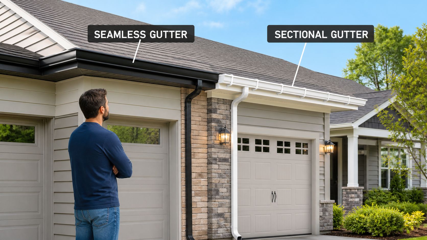 A man observing a comparison between a black seamless gutter and a white sectional gutter on a house.