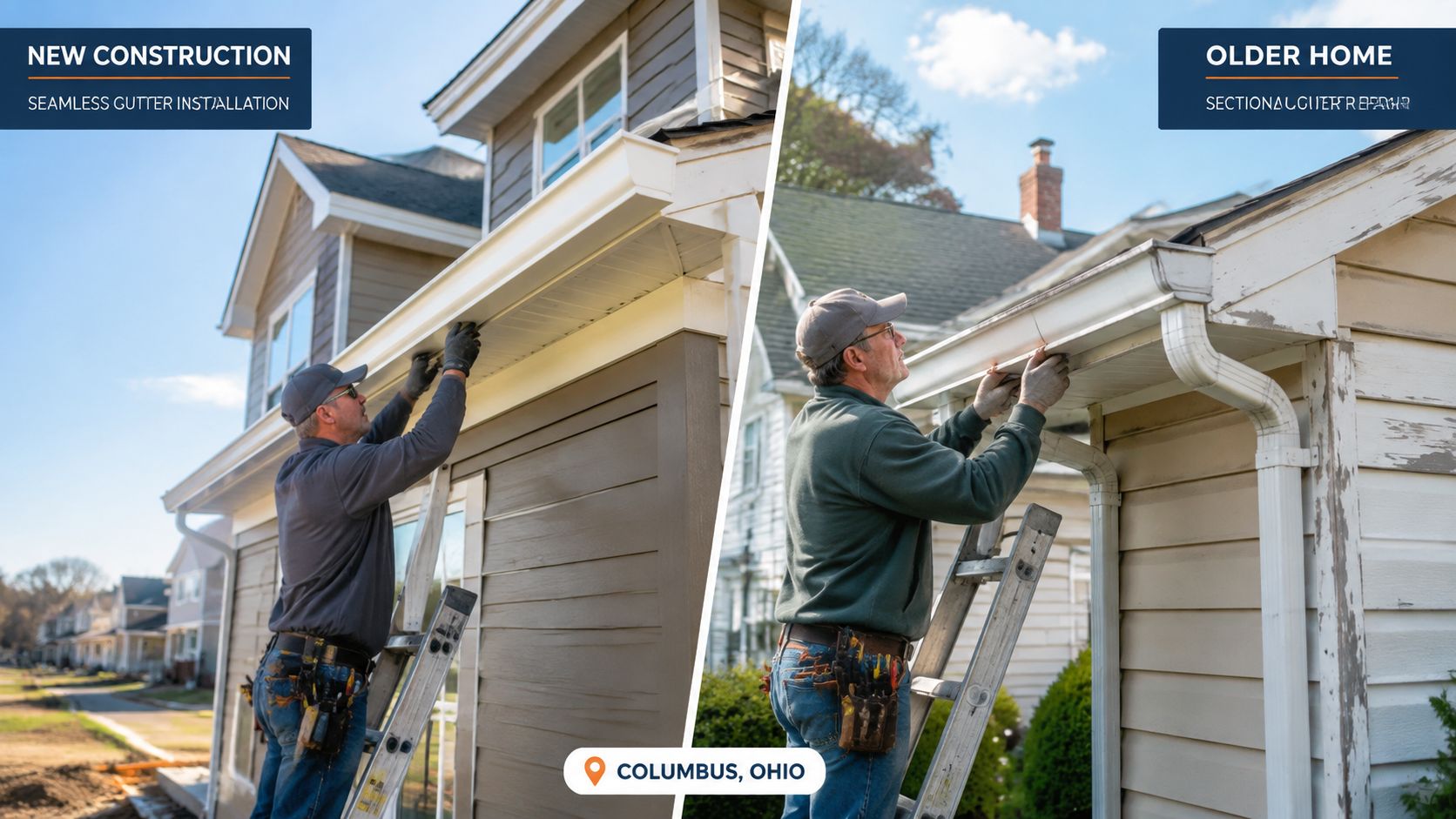 Professional workers performing seamless gutter installation on a new home and sectional gutter repairs on an older home.
