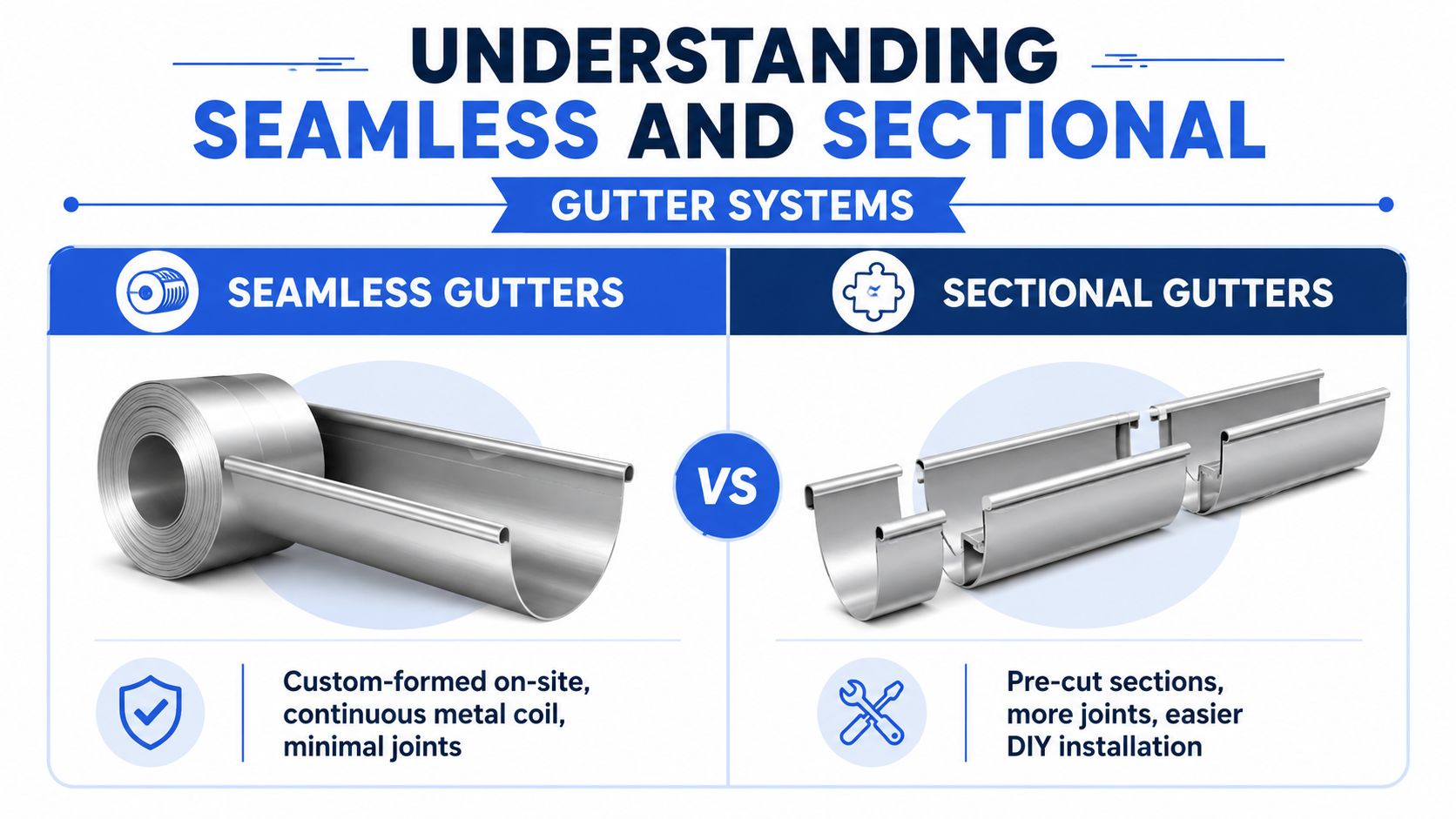 A comparison infographic showing a continuous metal coil for seamless gutters versus pre-cut sections for sectional gutters.