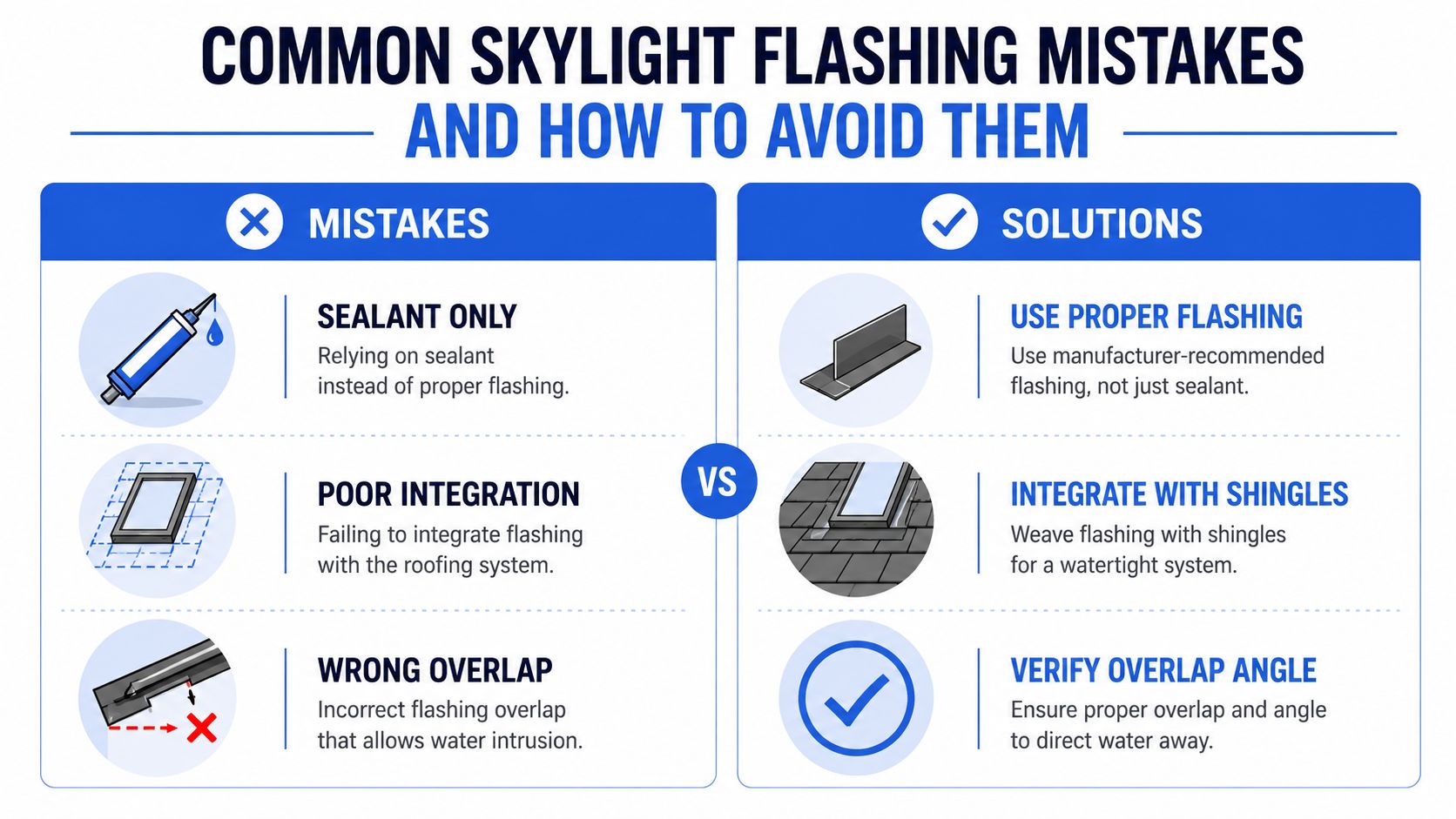 A comparison chart showing common skylight flashing mistakes on the left and recommended installation solutions on the right.
