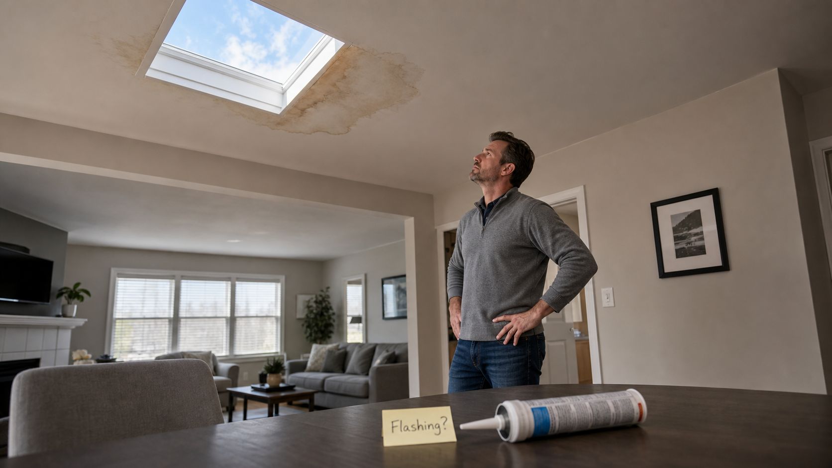 A concerned homeowner looking up at a water-damaged ceiling surrounding a leaking skylight in his living room.