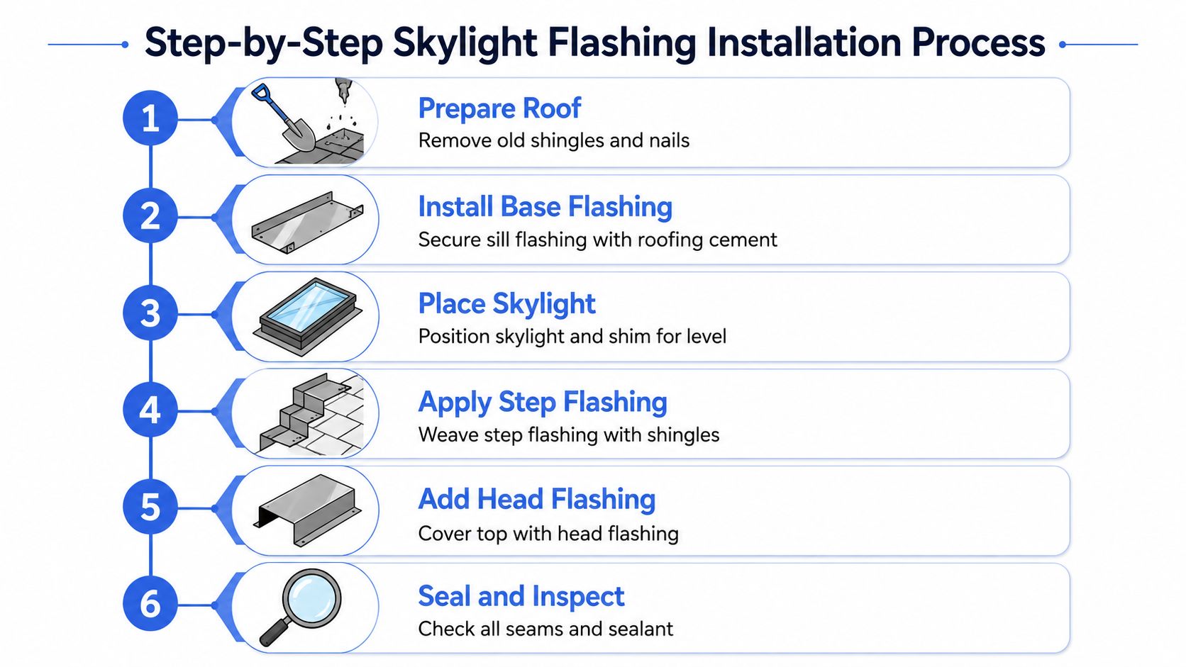 An infographic detailing the six-step process for installing flashing on a roof skylight installation project.