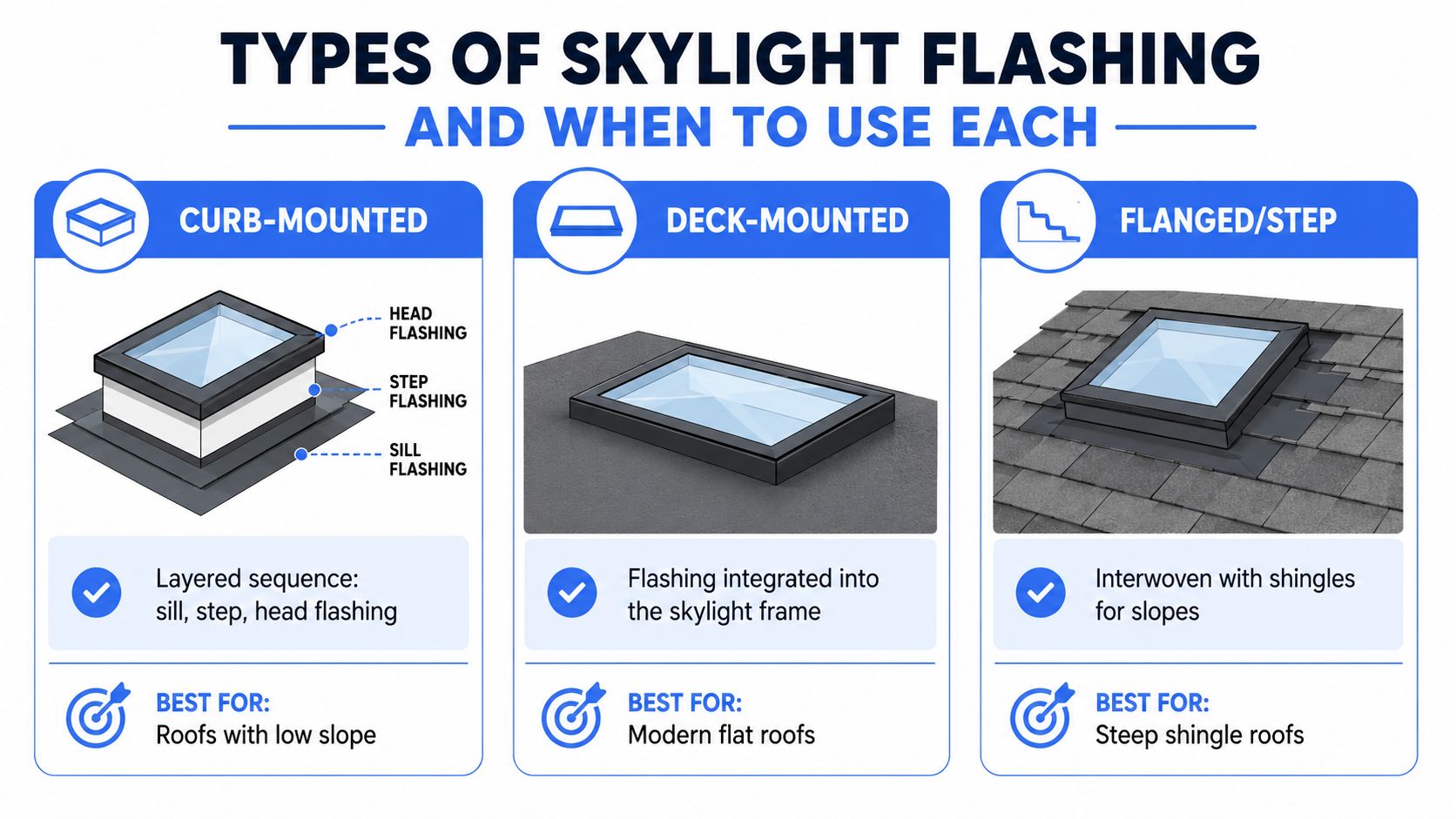 An infographic comparing three types of skylight flashing installations: curb-mounted, deck-mounted, and flanged/step styles for roofs.