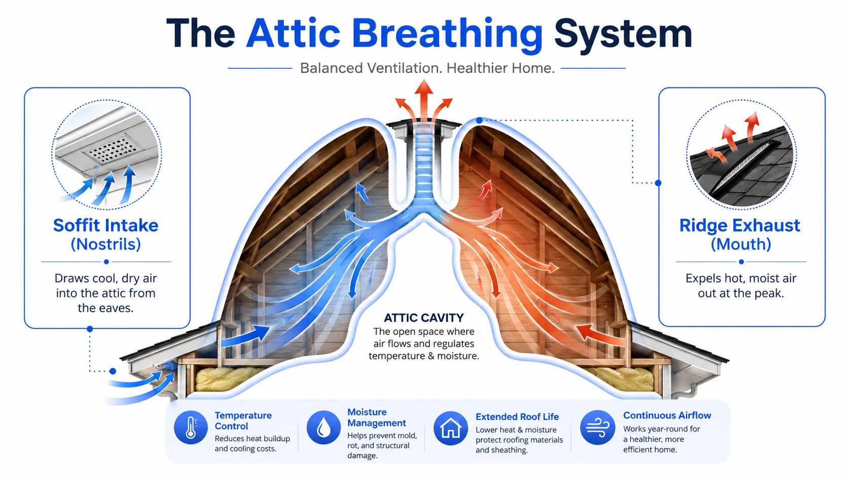 A diagram illustrating the attic breathing system showing air intake through the soffit and exhaust through the ridge.